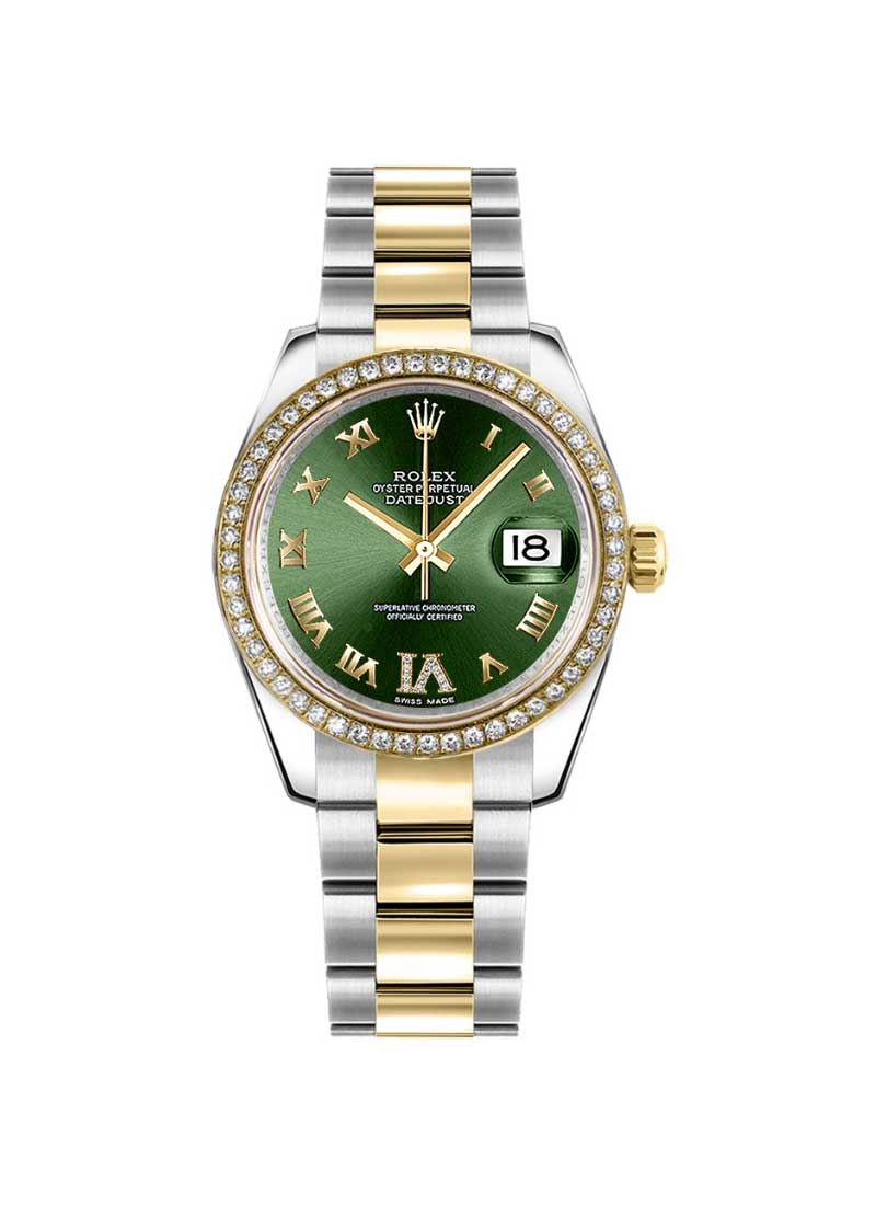 Mid Size Datejust 31mm in Steel with Yellow Gold Diamond Bezel on Oyster Bracelet with Green Roman Dial - Diamond on VI