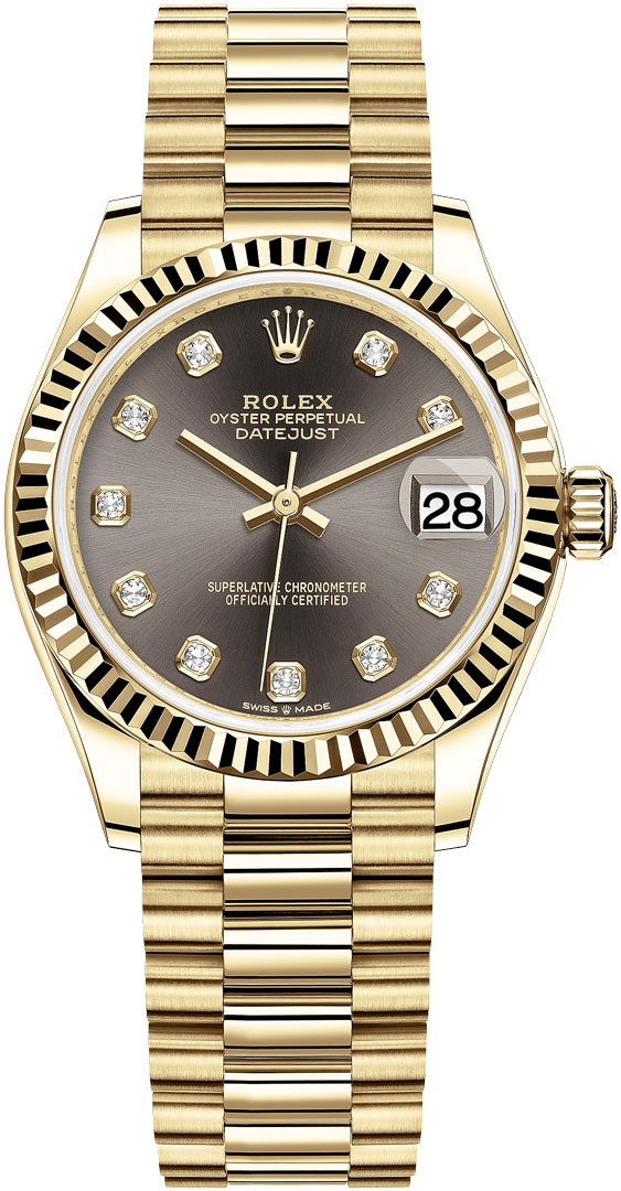 President 31mm Mid Size in Yellow Gold with Fluted Bezel on President Bracelet with Grey Diamond Dial