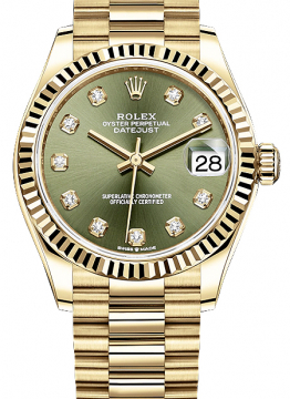 Rolex Unworn 278278Green President 31mm Mid Size in Yellow Gold with Fluted Bezel 278278Green