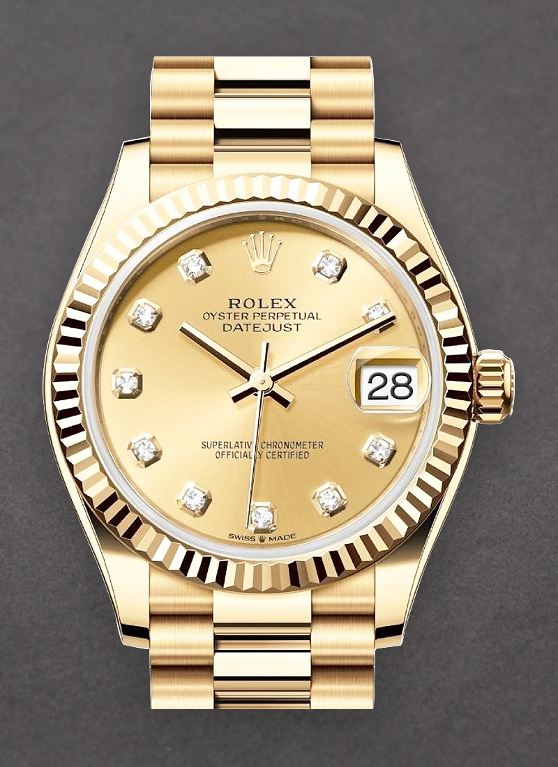 Rolex Unworn President 31mm Mid Size in Yellow Gold with Fluted Bezel