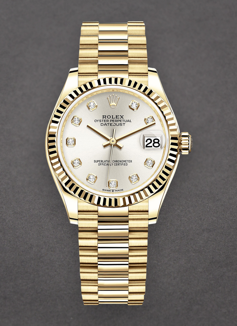 Rolex Unworn President 31mm Mid Size in Yellow Gold with Fluted Bezel