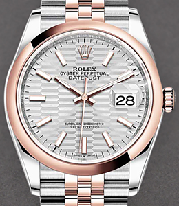 Datejust 36mm in Steel with Rose Gold Smooth Bezel on Jubilee Bracelet with Silver Fluted Motif  Dial