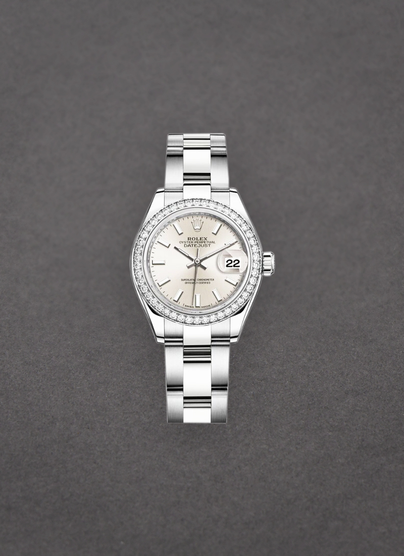 279384 used Silver Stick Rolex Ladies Datejust 28mm Steel with Oyster Diamond Bezel Essential Watches