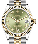 Mid Size Datejust 31mm in Steel with Yellow Gold Fluted Bezel on Jubilee Bracelet with Green Roman Dial - Diamond on VI