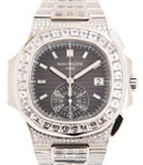 Nautilus 5980 Chronograph in White Gold with Pave Diamond Case on White Gold Pave Diamond Bracelet with Black Diamond Dial