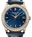 Calatrava 5298 38mm Automatic in Platinium with Baguette Diamond Bezel on Blue Crocodile Leather Strap with Blue Dial
