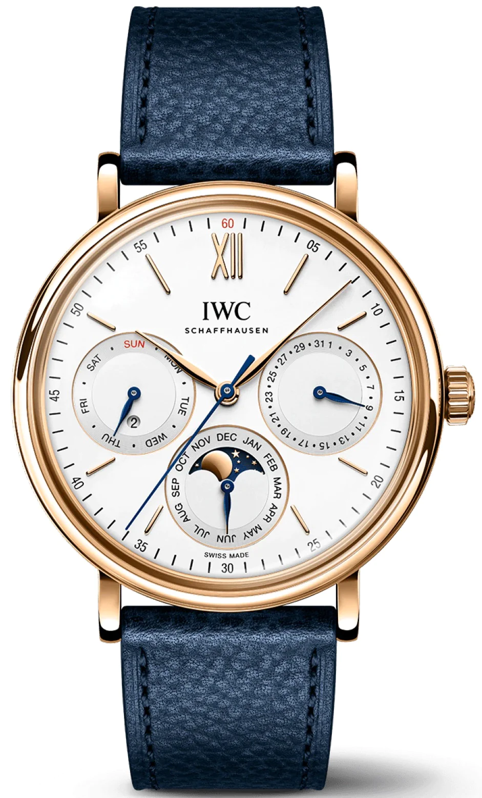 Portofino Perpetual Calender 40mm in Rose Gold on Blue Calfskin Leather Strap with White Dial