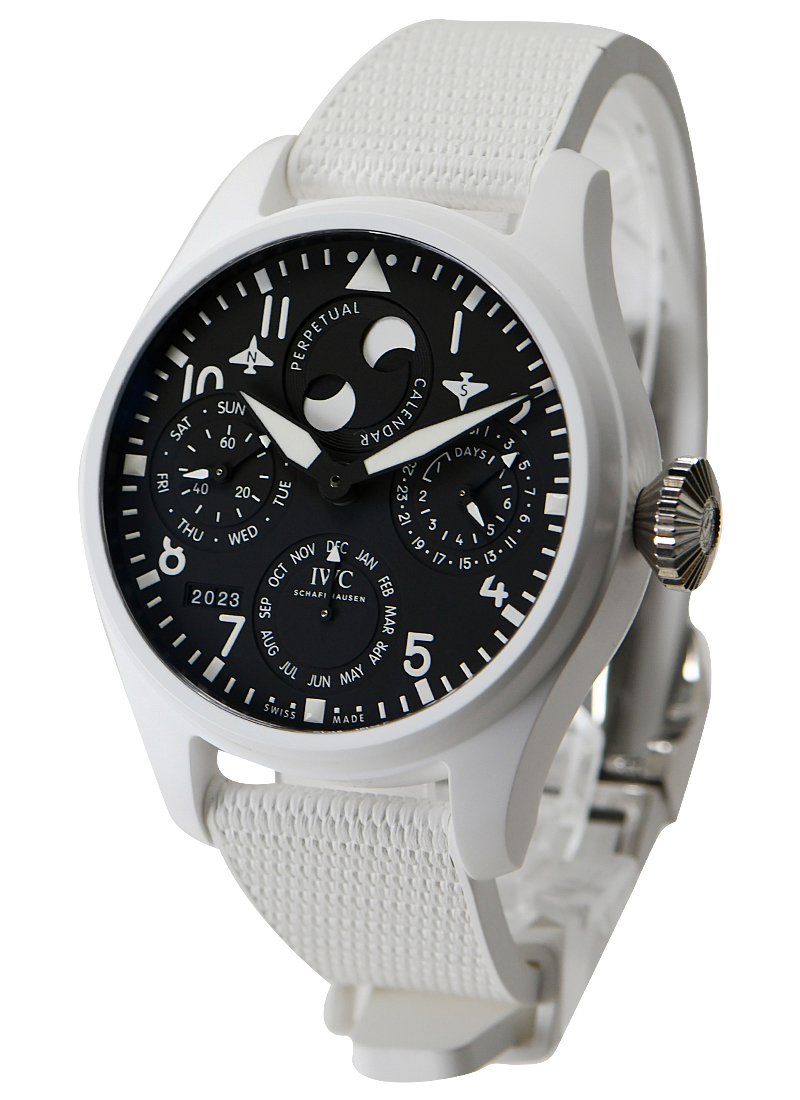 Big Pilot Perpetual Calendar 46.5mm in White Ceramic on White Rubber Strap with Black Dial
