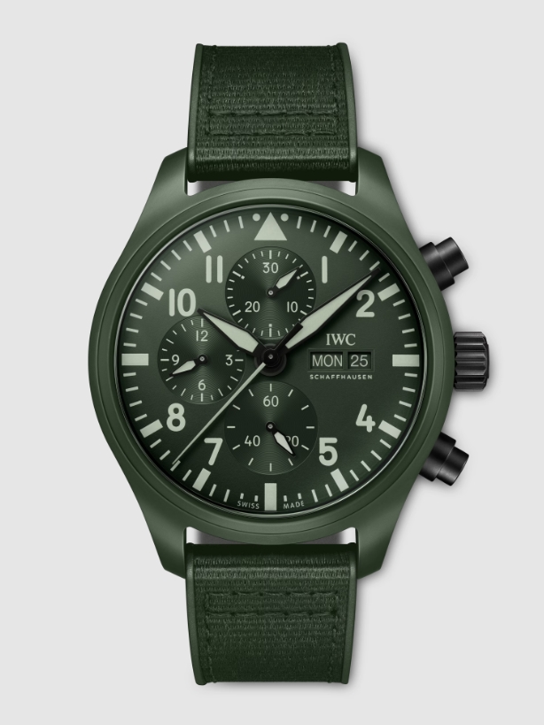 Pilots Chronograph Top Gun 44.5mm in Green Ceramic - Woodland on Green Rubber and Fabric Inlay Strap with Black Dial