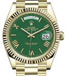 President Day Date 40mm in Yellow Gold with Fluted Bezel on President Bracelet with Green Roman Dial