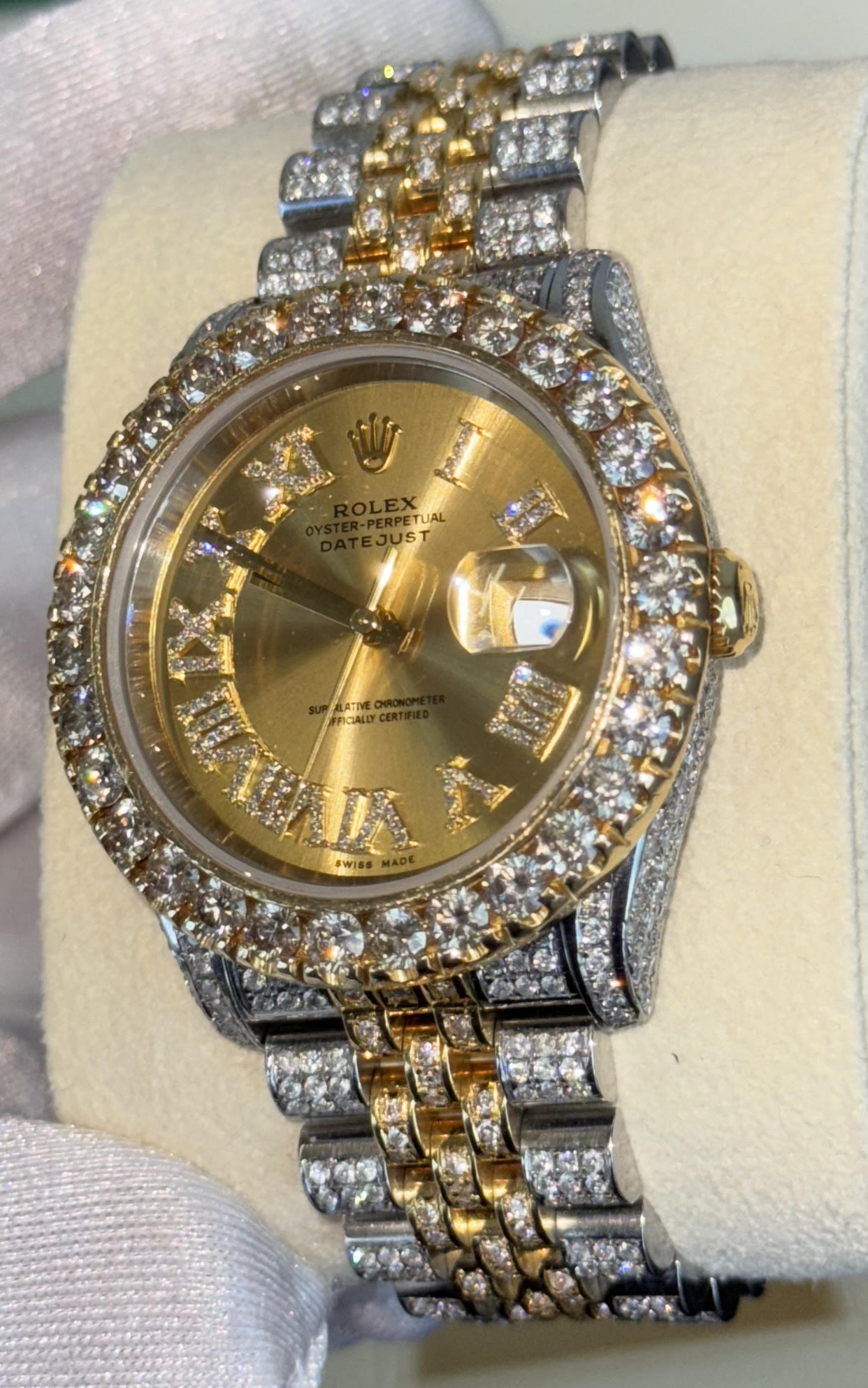 Datejust 36mm fully Iced Out on Jubilee Bracelet with Champagne Diamond Dial