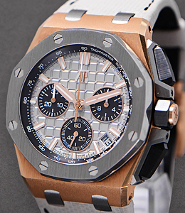 Royal Oak Offshore Chronograph 43mm in Rose Gold with Titanium Bezel on Grey Strap with Grey Dial