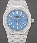 Royal Oak Offshore 39mm in White Gold with Diamond Bezel On White Gold Pave Diamond Bracelet with Ice Blue Dial