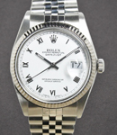 Datejust 36mm in Steel with White Gold Fluted Bezel on Jubilee Bracelet with White Roman Dial