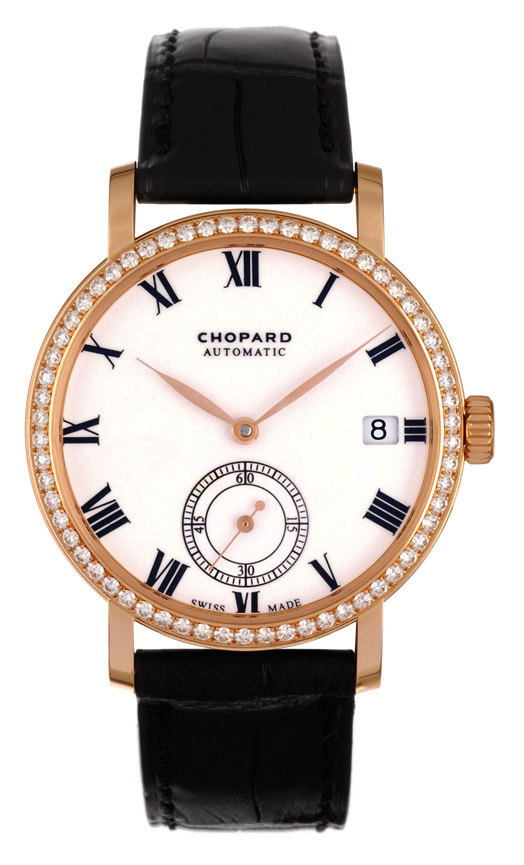 Classic Ladys 38mm in Rose Gold with Diamond Bezel on Black Alligator Leather Strap with White Roman Dial