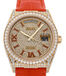 Day-Date President 36mm in Yellow Gold with Diamond Set Case on Leather Strap with Pave Diamond Dial - Orange Roman MArkers
