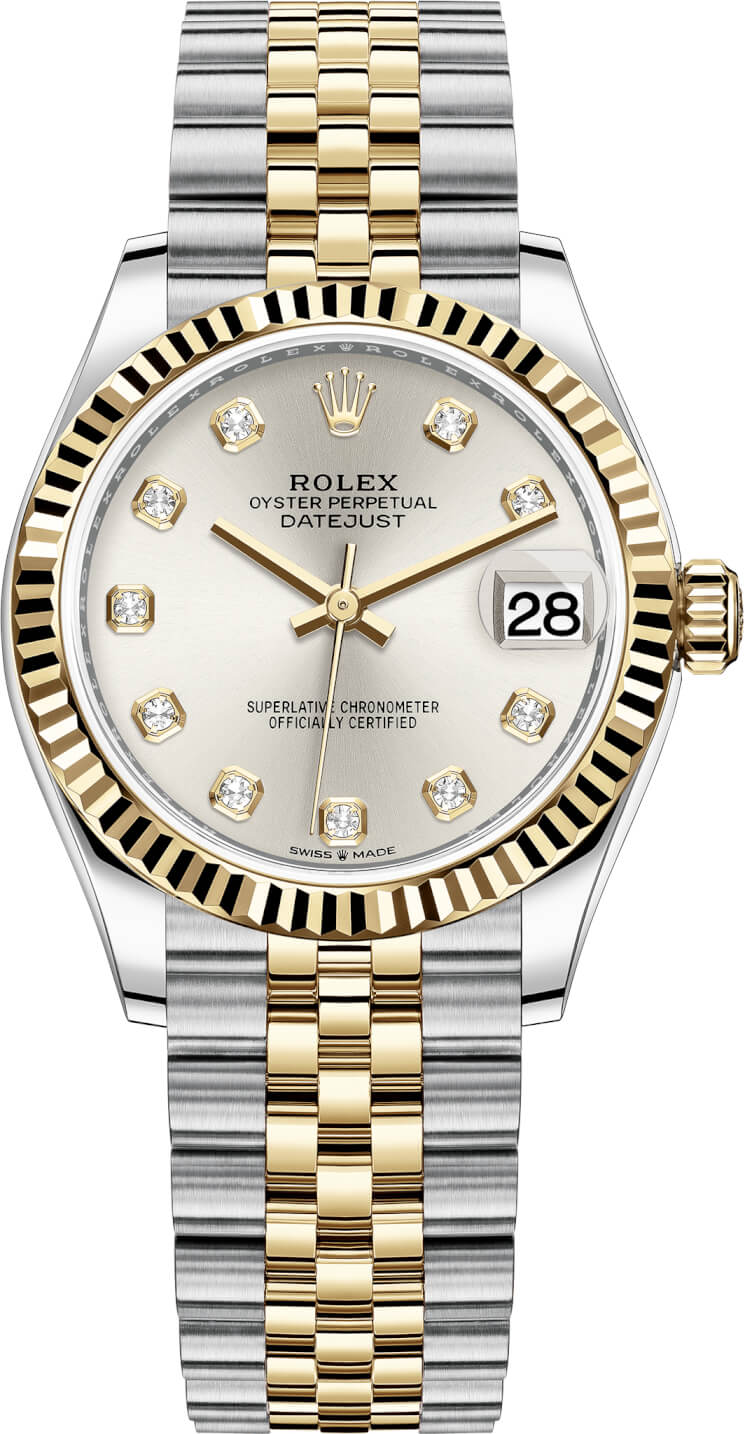 Mid Size 31mm Datejust in Steel with Yellow Gold with Fluted Bezel on Jubilee Bracelet with Silver Diamond Dial
