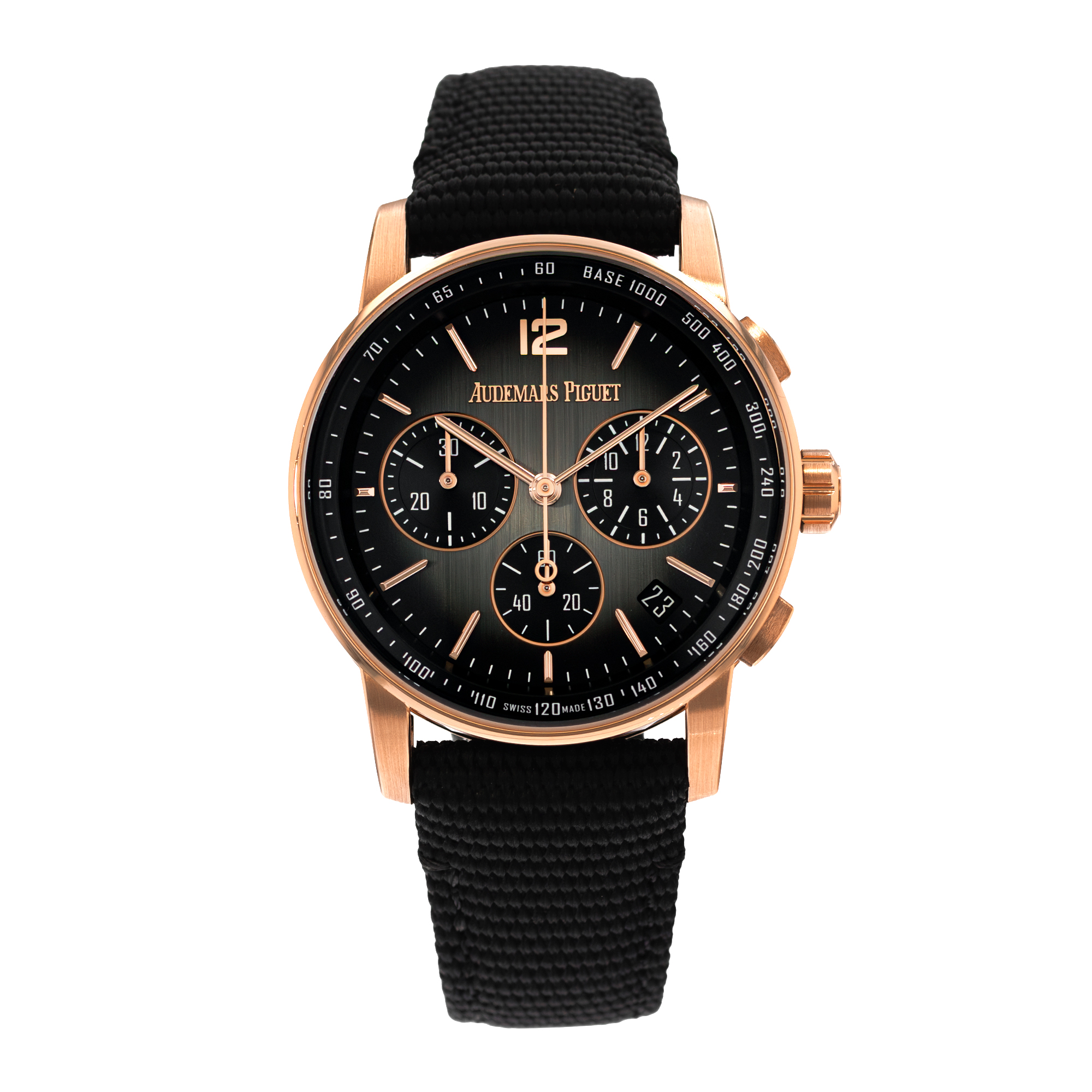 Code 11.59 Chronograph Automatic 41mm in Rose Gold on Black Fabric Strap with Smoked Grey Dial