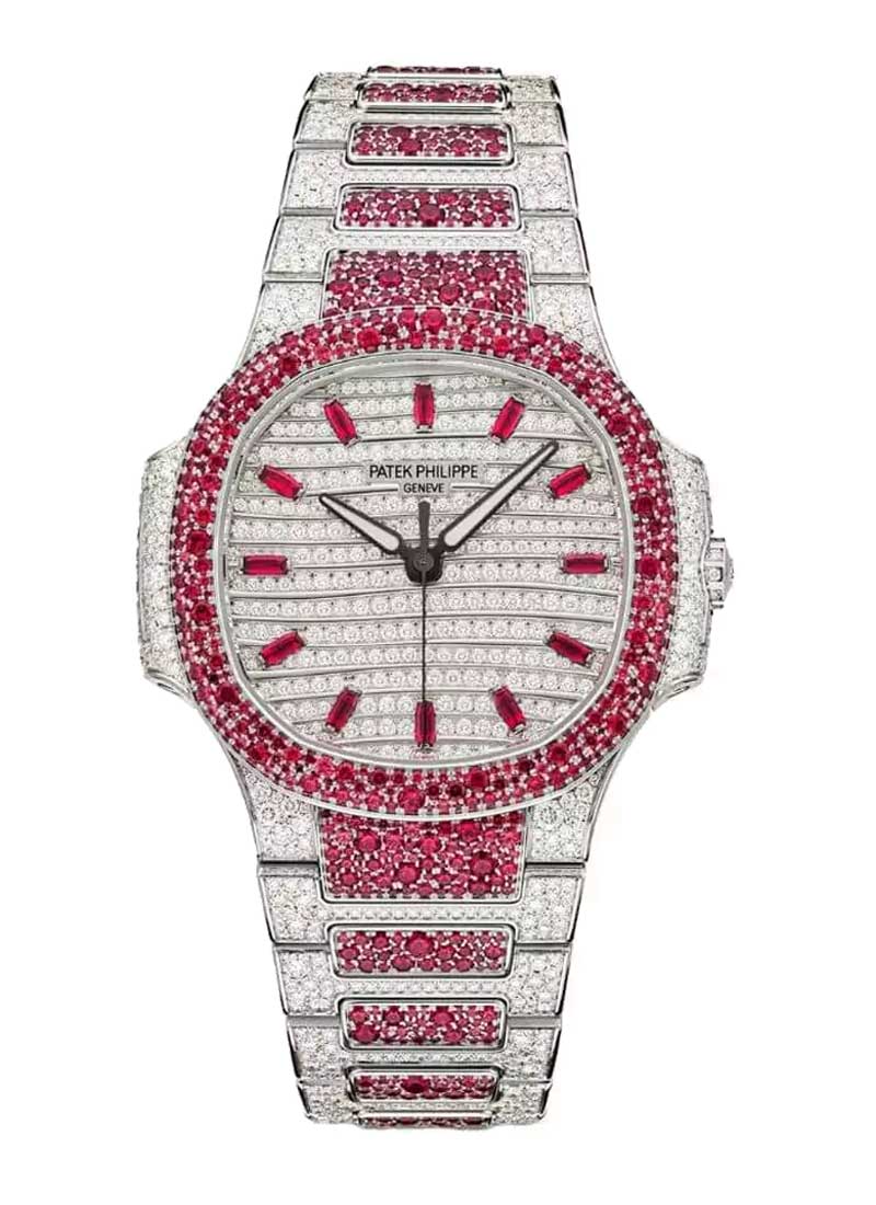 Patek Philippe Nautilus Ladies 7118/1452G Automatic in White Gold with Pave Diamond & Rubies