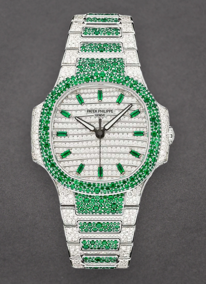 Patek Philippe Nautilus Ladies 7118/1453G Automatic in White Gold with Pave Diamond & Emeralds