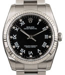 Oyster Perpetual 36mm in Steel with Fluted Bezel on Steel Oyster Bracelet with Black Roman & Diamond Dial