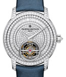 Traditionnelle Tourbillon 39mm in White Gold with Diamond Bezel & Lugs on Blue Satin Strap with Pave Diamond Dial