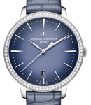 Patrimony 36.5mm Automatic in White Gold with Diamond Bezel on Blue Alligator Leather Strap with Deep Blue Dial