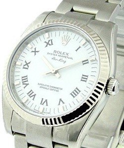 Air King 34mm in Steel with White Gold Fluted Bezel on Oyster Bracelet with White Roman Dial