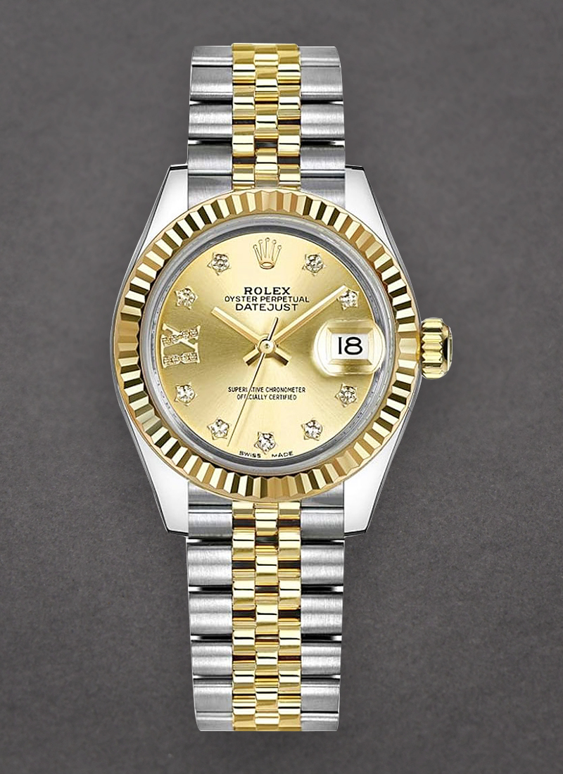 Rolex Unworn Ladies Datejust 28mm in Steel with Yellow Gold Fluted Bezel