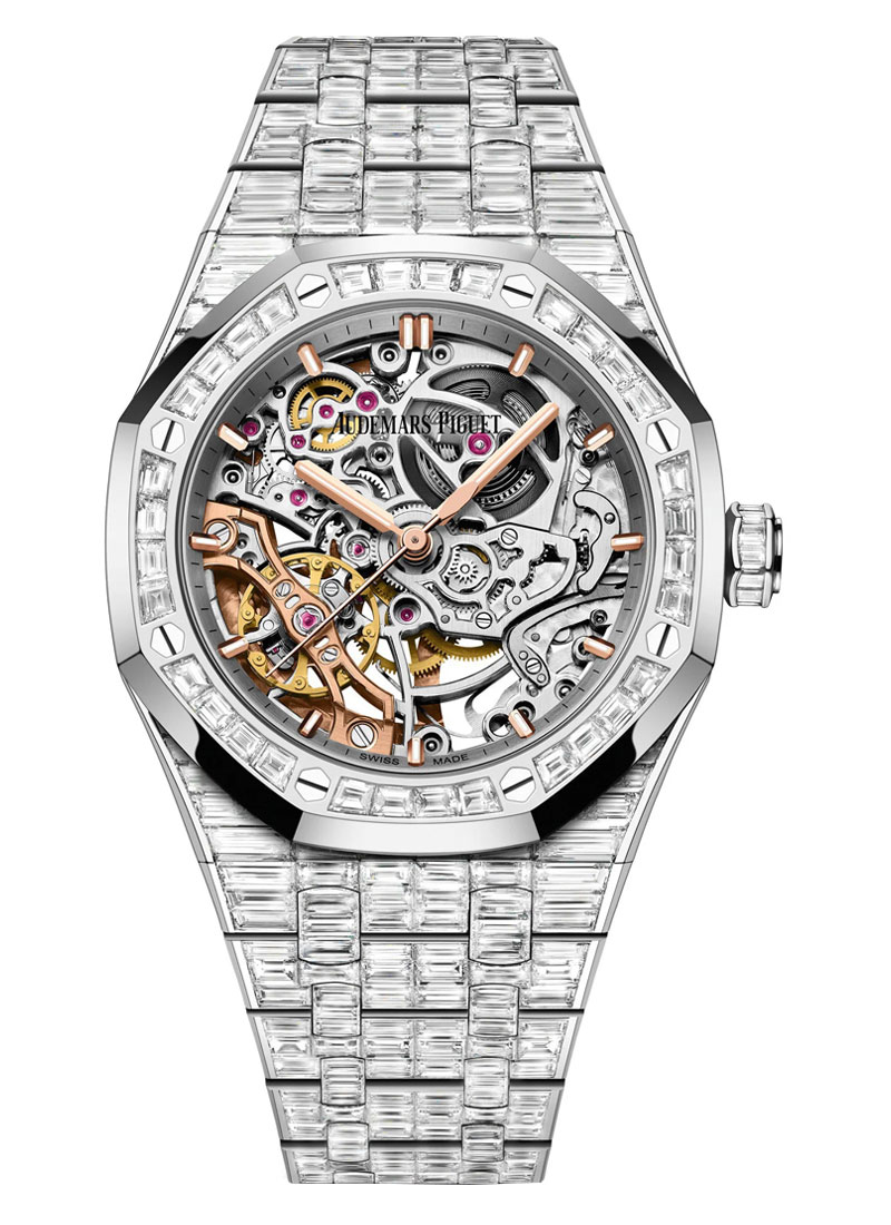 Audemars Piguet Royal Oak Frosted Gold Double Balance Wheel Openworked in White Gold with Baguette Diamond Bezel