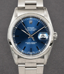 Datejust 36mm in Steel with Smooth Bezel on Oyster Bracelet with Blue Stick Dial