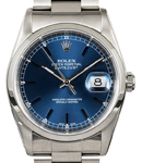 Datejust 36mm in Steel with Smooth Bezel on Oyster Bracelet with Blue Stick Dial