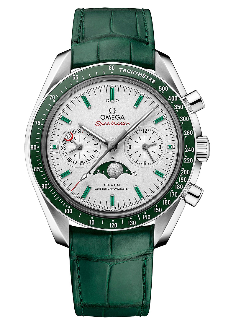 Omega Speedmaster Two Counters Moonphase Chronograph Master 44.25 in Platinum with Green Bezel
