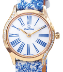 Deville Tresor 26mm in Yellow Gold with 2 Curving Rows of Diamond On Fabric Blue Sea Printed Strap with White Dial