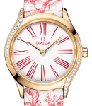 Deville Tresor 26mm in Yellow Gold with 2 Curving Rows of Diamond On Red Floral Printed Fabric Strap with White Dial