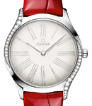 Deville Tresor 36mm in Steel with 2 Curving Rows of Diamond On Red Alligator Leather Strap with Silver Dial