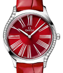 Deville Tresor 36mm in Steel with 2 Curving Rows of Diamond On Red Alligator Leather Strap with Red Dial
