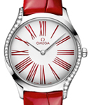 Deville Tresor 36mm in Steel with 2 Curving Rows of Diamond On Red Alligator Leather Strap with White Dial