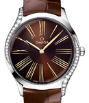 Deville Tresor 36mm in Steel with 2 Curving Rows of Diamond On Brown Alligator Leather Strap with Brown Dial