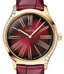 Deville Tresor 36mm in Yellow Gold with 2 Curving Rows of Diamond On Burgundy Crocodile Leather Strap with Burgundy Lacquered Dial