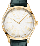 Deville Tresor 39mm in Yellow Gold with 2 Curving Rows of Diamond On Green Crocodile Leather Strap with Silver Lacquered Dial