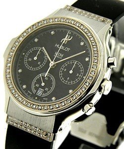 Elegant Chronograph in Steel with Diamond Bezel and Lugs  on Black Rubber Strap with Black Diamond Dial 