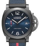 PAM 1408- Luminor Quaranta Luna Rossa 40mm in Black DLC Steel on Blue Rubber Strap with Blue Dial