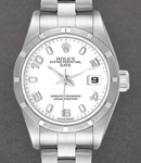 Lady's Datejust in Steel with Engine Turn Bezel on Steel Oyster Bracelet with White Arabic Dial