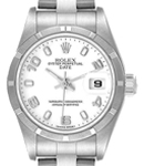 Lady's Datejust in Steel with Engine Turn Bezel on Steel Oyster Bracelet with White Arabic Dial