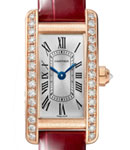 Tank Americaine Mini in Rose Gold with Diamond Bezel on Red Alligator Leather Strap with Silver Dial