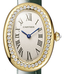 Baignoire Small Model in Yellow Gold with Diamond Bezel on Green Crocodile Leather Strap with Silver Dial