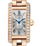 Tank Amricaine Mini in Rose Gold with Diamond Bezel on Rose Gold Bracelet with Silver Sunray Dial