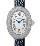 Baignoire Mini Model in White Gold with Diamond Bezel on Navy Blue Calfskin Leather Strap with Silver Dial