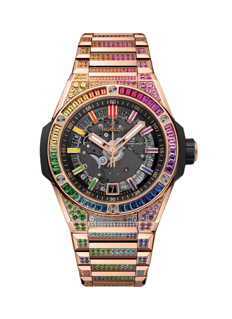 Hublot Big Bang Integrated Time Only in Rose Gold with Rainbow Pave Diamond Case